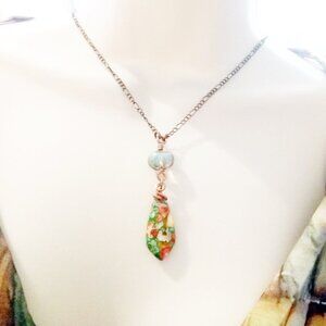 Vibrant Autumnn Colors! Green Sea Sediment Jasper Teardrop Copper Necklace
